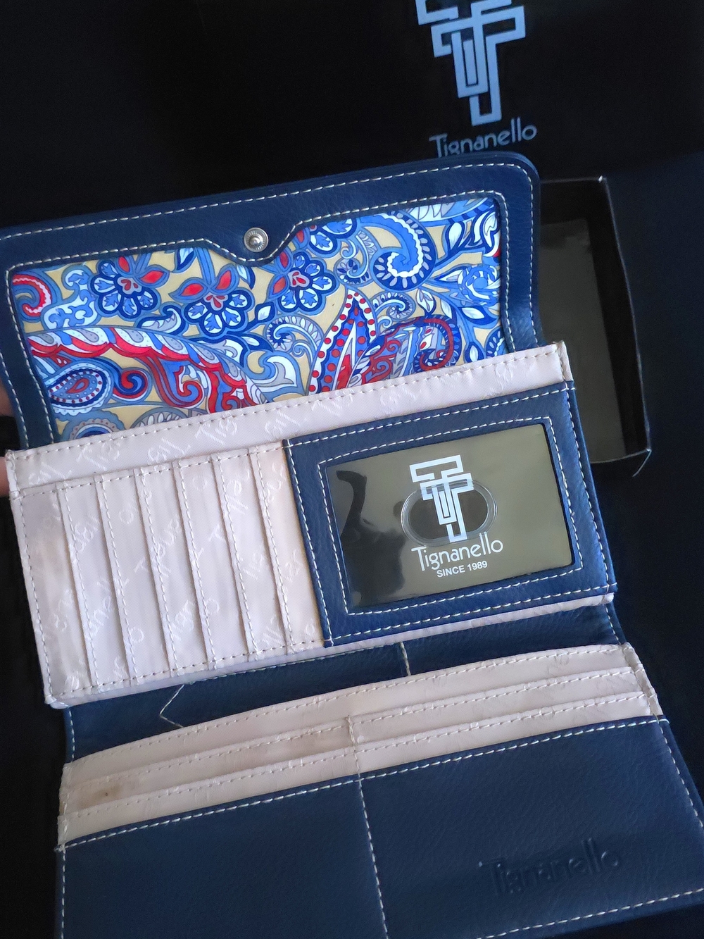 Tignanello Blue Women's Leather Flap Wallet with Silver Logo Plaque - Picture 2 of 9